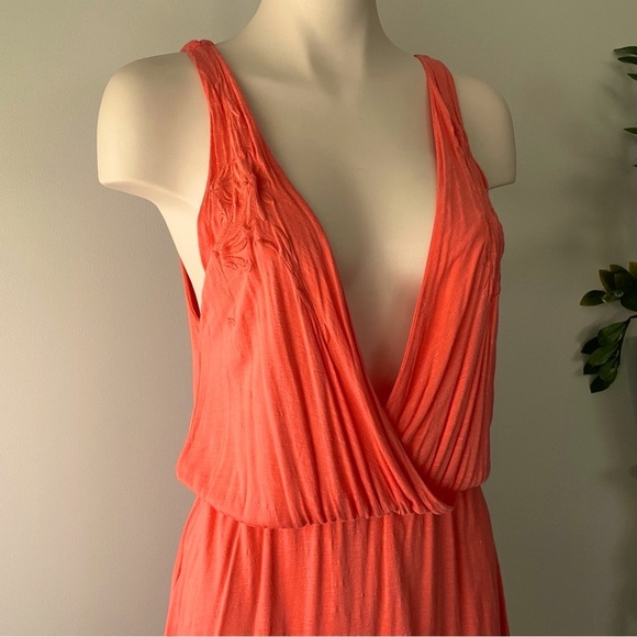 Volcom True To This Deep V Plunge Coral Midi Dress Embroidered Size Medium - Picture 3 of 8